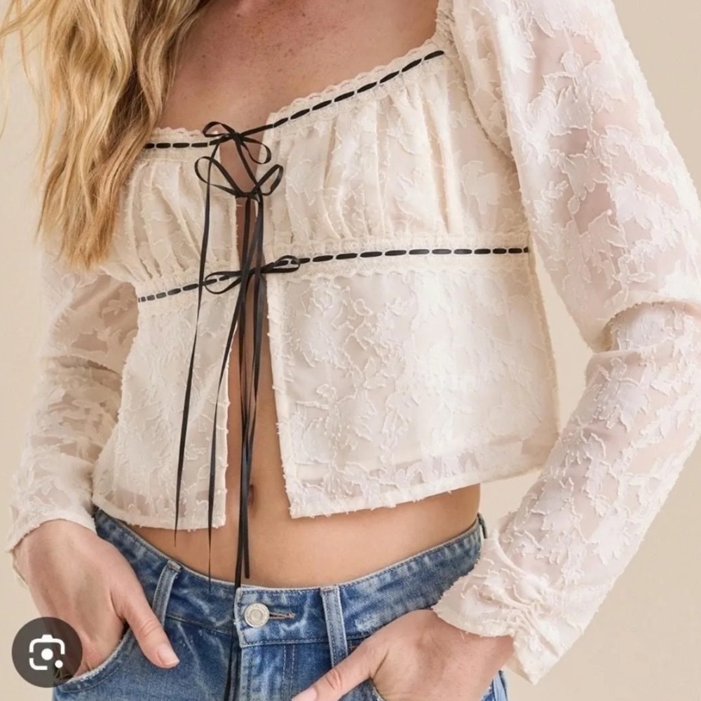 Altar'd State Cream Lace Tie-Front Long Sleeve Crop Top with Black Trim